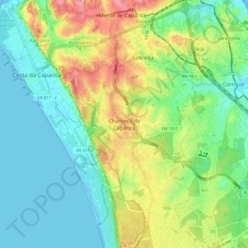 Mapa topográfico Charneca de Caparica, altitud, relieve