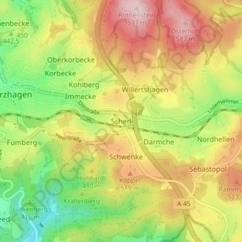 Mapa topográfico Scherl, altitud, relieve