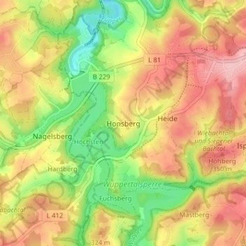 Mapa topográfico Honsberg, altitud, relieve