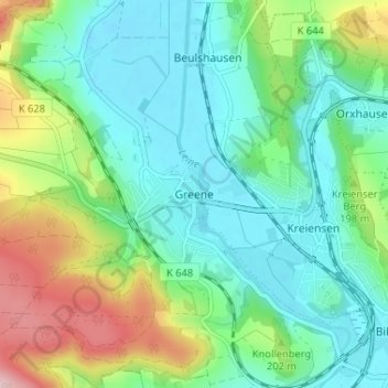 Mapa topográfico Greene, altitud, relieve