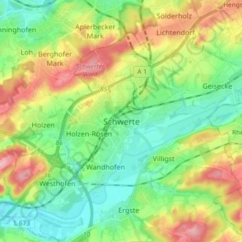 Mapa topográfico Schwerte, altitud, relieve