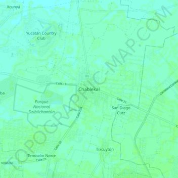 Mapa topográfico Chablekal, altitud, relieve
