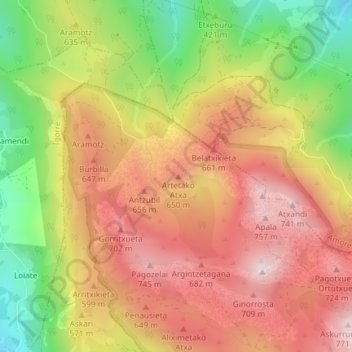 Mapa topográfico Artieta, altitud, relieve