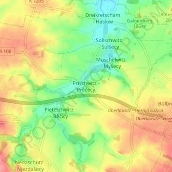 Mapa topográfico Prischwitz, altitud, relieve