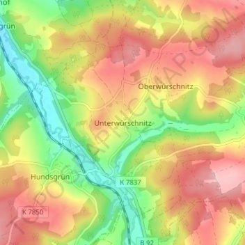 Mapa topográfico Unterwürschnitz, altitud, relieve