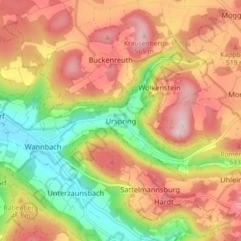 Mapa topográfico Urspring, altitud, relieve