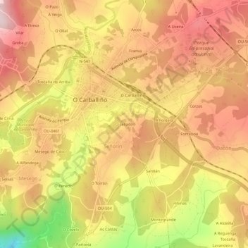 Mapa topográfico O Tellado, altitud, relieve