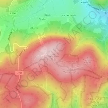 Mapa topográfico Nordhelle, altitud, relieve