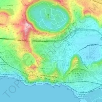 Mapa topográfico Pisciarelli, altitud, relieve
