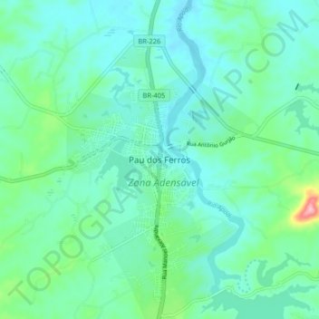 Mapa topográfico Pau dos Ferros, altitud, relieve