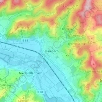 Mapa topográfico Heinebach, altitud, relieve