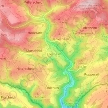 Mapa topográfico Ellesheim, altitud, relieve