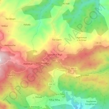 Mapa topográfico Taourirt Ighil تاوريرت اغيل, altitud, relieve