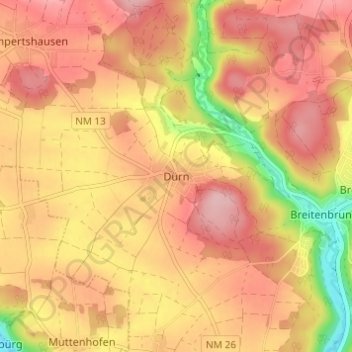 Mapa topográfico Dürn, altitud, relieve