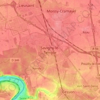 Mapa topográfico Savigny-le-Temple, altitud, relieve