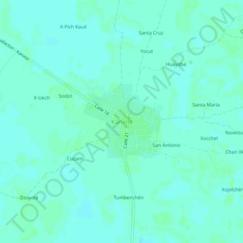 Mapa topográfico Kanxoc, altitud, relieve