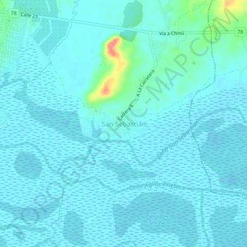 Mapa topográfico San Sebastián, altitud, relieve