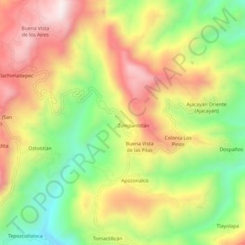 Mapa topográfico Zompantitlán, altitud, relieve