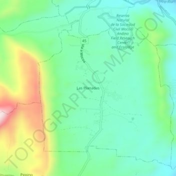 Mapa topográfico Las Planadas, altitud, relieve