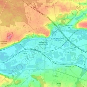 Mapa topográfico Montereau-Fault-Yonne, altitud, relieve