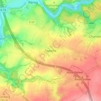 Mapa topográfico Tauscha, altitud, relieve