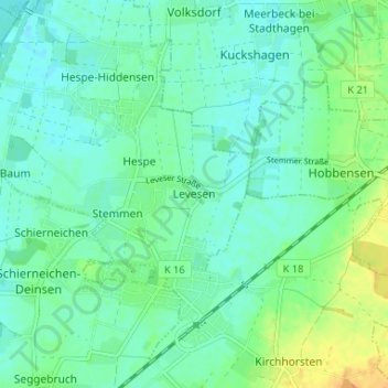 Mapa topográfico Levesen, altitud, relieve