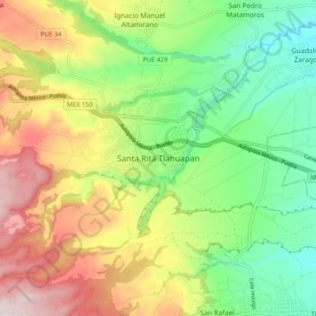 Mapa topográfico Santa Rita Tlahuapan, altitud, relieve