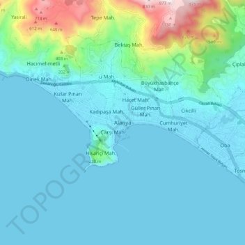 Mapa topográfico Alanya, altitud, relieve