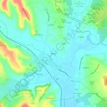 Mapa topográfico Bardot, altitud, relieve