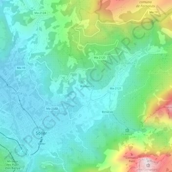 Mapa topográfico Binibassí, altitud, relieve