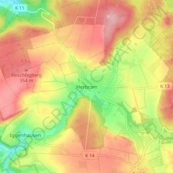 Mapa topográfico Herbram, altitud, relieve