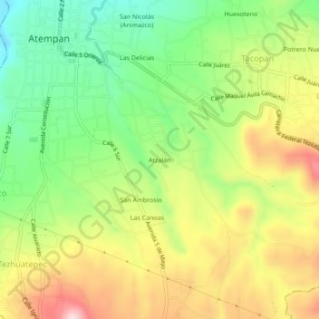 Mapa topográfico Atzalán, altitud, relieve