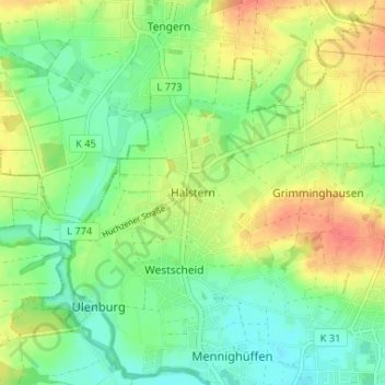 Mapa topográfico Halstern, altitud, relieve