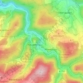 Mapa topográfico Erbismühle, altitud, relieve