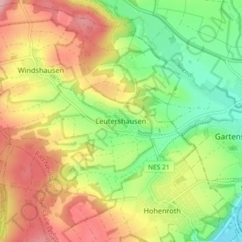 Mapa topográfico Leutershausen, altitud, relieve