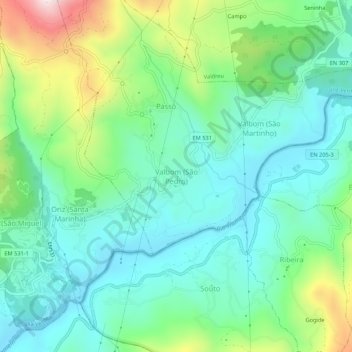 Mapa topográfico Valbom (São Pedro), altitud, relieve