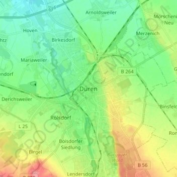 Mapa topográfico Düren, altitud, relieve