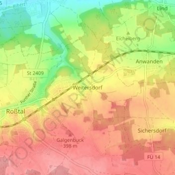 Mapa topográfico Weitersdorf, altitud, relieve