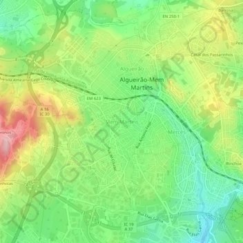 Mapa topográfico Mem Martins, altitud, relieve