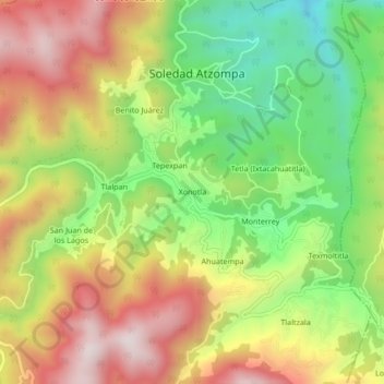 Mapa topográfico Xonotla, altitud, relieve