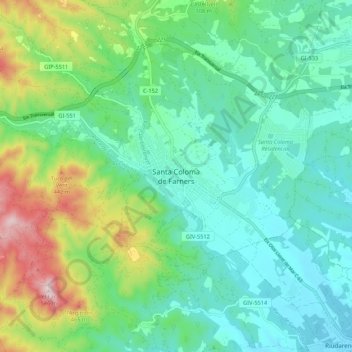 Mapa topográfico Santa Coloma de Farners, altitud, relieve