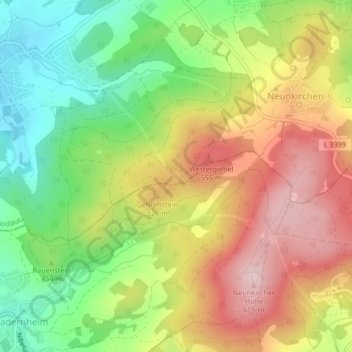 Mapa topográfico Modauquelle, altitud, relieve