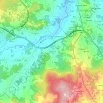 Mapa topográfico Sueiro, altitud, relieve