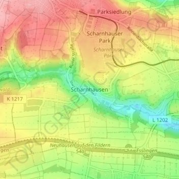 Mapa topográfico Scharnhausen, altitud, relieve