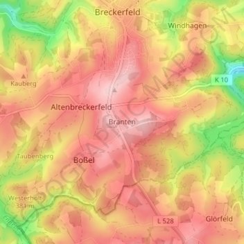 Mapa topográfico Branten, altitud, relieve