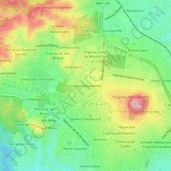Mapa topográfico Unidad Magisterial, altitud, relieve