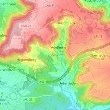 Mapa topográfico Pühlheim, altitud, relieve