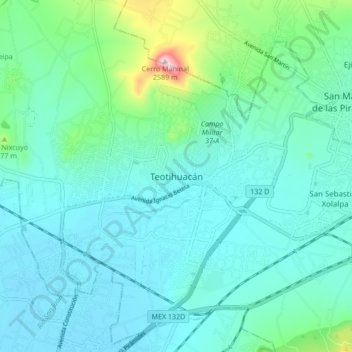 Mapa topográfico Teotihuacán, altitud, relieve