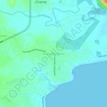 Mapa topográfico Nueva Gorgona, altitud, relieve