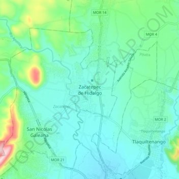 Mapa topográfico Zacatepec de Hidalgo, altitud, relieve